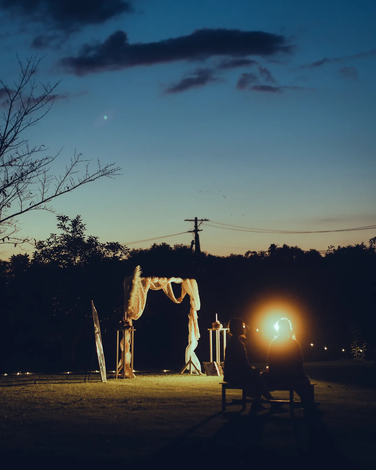 夕暮れのお庭。電飾の下に、ひとりの人影